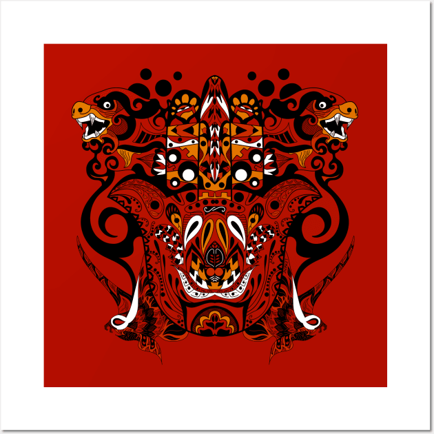 crimson immortal tribal beasts in ecopop pattern Wall Art by jorge_lebeau